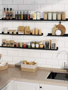 1pc White Wall-Mounted Floating Shelf For Kitchen, No-Drill Installation, Dedicated Storage For Kitchen Seasoning Jars / Dry Food Sealed Containers / Coffee Utensils! Nail-Free, No-Trace, For Tile Walls, Easy And Quick Installation, Thickened And Widened Board With Strong Load-Bearing Capacity, Moisture-Proof And Oil-Resistant, Easily Organize Oil, Salt, Sauce, Vinegar Bottles, Dry Food Jars, Kitchen Tools, Say Goodbye To Cluttered Countertops - View 7