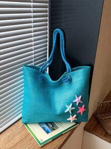 Summer Beach Bag, Straw Woven Large Capacity Women's Handbag, Decorated With Sunflowers And Starfish, Perfect For Beach Vacation, Shopping And Dating - Blue - View 3