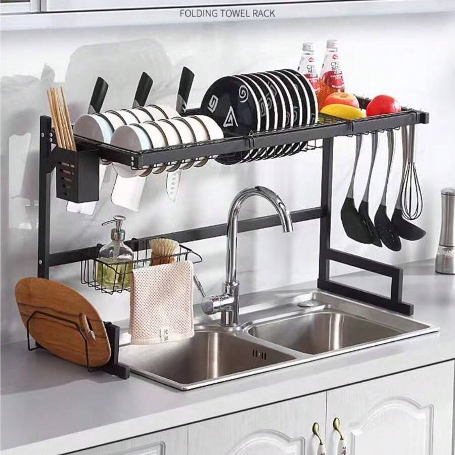 Escurridor de platos sobre el fregadero, organizador de almacenamiento de cocina de gran capacidad para cuencos, platos, cubiertos, cuchillos y tablas de cortar, estante de cocina moderno y duradero, escurridor de platos de cocina, esencial de cocina - Multicolor - Ver 1