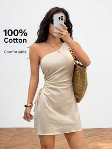 XUZHIZ  PETITE Vestido mini de un solo hombro para mujer, 100% algodón, cómodo y transpirable - Albaricoque - Ver 7