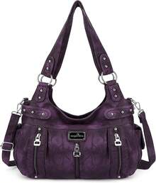 Angelkiss - Bolso de mano grande para mujer, de piel sintética lavada, bandolera, bandolera, bandolera - G-púrpura - Ver 2