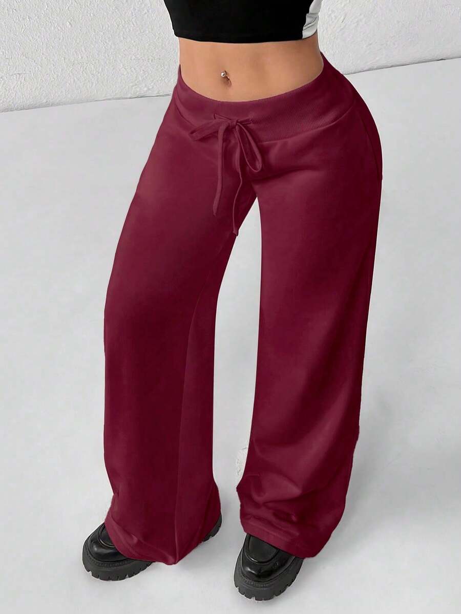 PETITE Women's Smooth Fabric Sports Trousers, Comfortable And Casual, Low Waist And Wide Leg, Autumn Clothing For Women, Winter Clothing For Women - 酒紅色 - 查看 1
