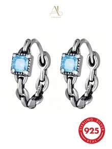 1 Pair Vintage Distressed S925 Sterling Silver Chain Square Light Blue Zirconia Ear Cuffs, Suitable For Women's Daily Commute, Couple Wear, Street Style, Birthday, Anniversary And Holiday Gifts - Antique Silver - View 9
