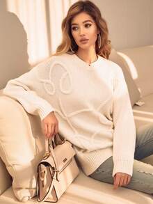 Women's Plus Size White Crew Neck Knit Sweater - Abstract Raised Texture Pullover Top With Drop Shoulder For Fall Winter Modern Chic Streetwear - Beige - View 5