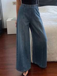 Jeans casuales de pierna recta con diseño de división de línea de cintura regular para mujer - Azul lavado medio - Ver 4