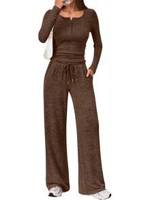 Trendy Queen - Conjunto de 2 piezas a juego para mujer, trajes de otoño a la moda, cuello henley, suéter de pierna ancha, pantalones de chándal - Gris Oscuro - Ver 12