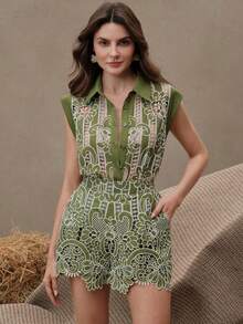 Conjunto de blusa y pantalones cortos de mujer con bordado de encaje vintage de lujo - Albaricoque - Ver 7