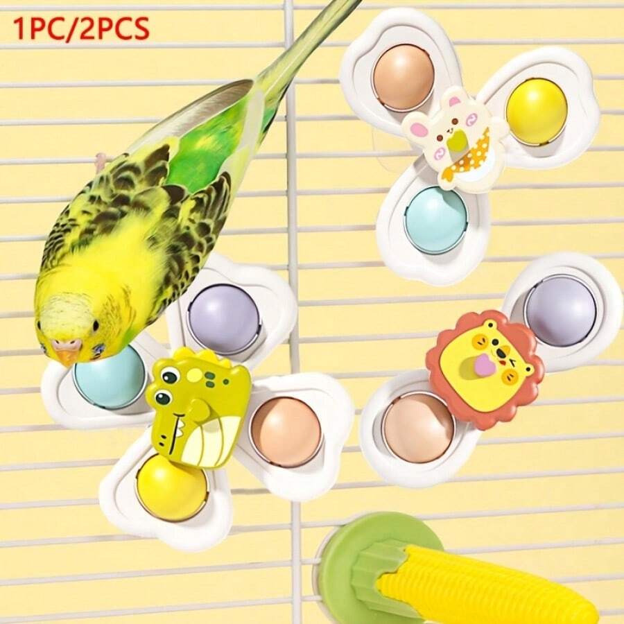 1pc/2pcs Parrot Toys, Parrot Intelligence Chewing Climbing Toys, Parrot Boredom Relief Toys, Suction Cup Bird Entertainment Toys, Parrot Rotating Wheel Toys, Can Be Fixed To Bird Cage Or Attached To Glass, Tile And Other Smooth Surfaces. - A+B - View 1