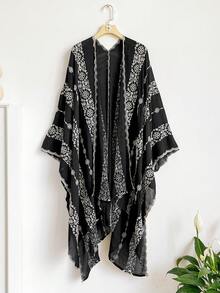 1件優雅花卉圖案波希米亞風刺繡開襟披肩女款和服式圍裙，春夏外穿沙龍，海灘度假防曬UV防護刺繡開襟衫，時尚百搭奢華裝飾，適合日常搭配，送禮首選 - 黑色 - 查看 7