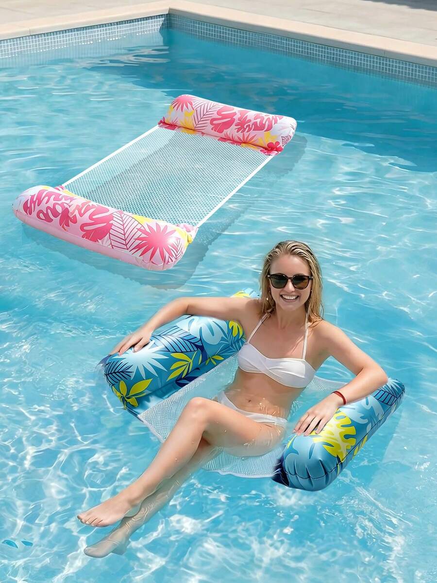 Tropical Palm Print Inflatable Water Hammock Lounge Chair, Breathable Mesh Floating Bed With Air Pillow Neck And Leg Support, Portable Foldable Pool Float For Beach, Poolside Vacation And Photography - Multicolor - View 1
