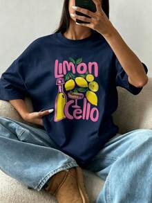 Kaos Wanita Lengan Pendek Leher Bulat Longgar Serbaguna, Atasan Kasual untuk Pemakaian Sehari-hari, Musim Panas - Navy Blue - View 2