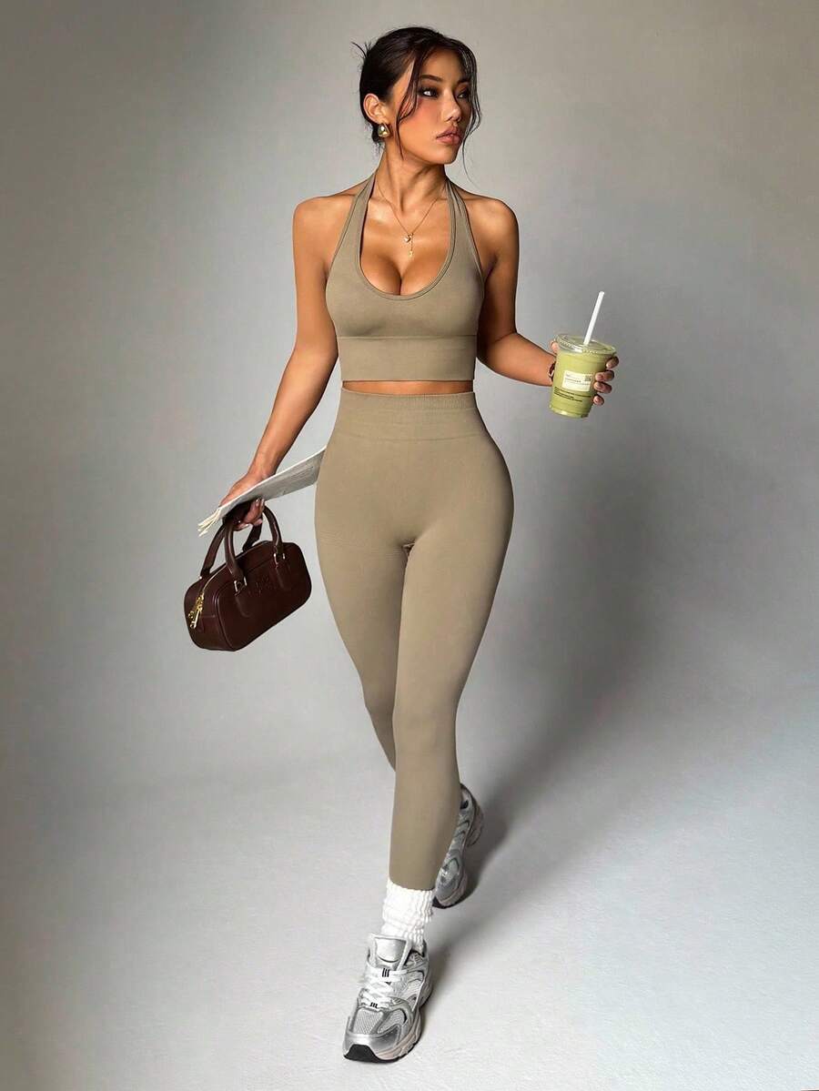 Dewbera Women's Minimalist Solid Color Halter Top And Pants Sports Set For Everyday Wear - Khaki - View 1
