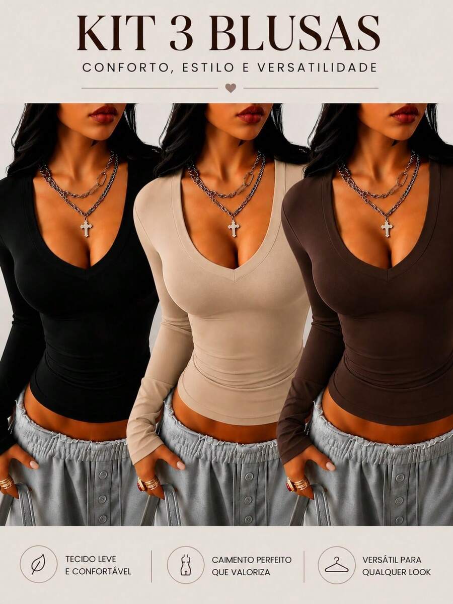Women's V-Neck Shaping Blouse - Slim Fit, Second Skin Style, Versatile, Elegant, Casual, And - 黑米色咖啡 - 查看 1