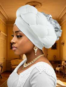 1pc Women's Solid Color Woven Floral Sequined Pullover Headscarf Hat, Suitable For Balls, Weddings, Parties And Special Occasions. - Multicolor - View 10