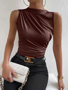 Top de tirantes slim fit con fruncido de color liso, informal de verano - Marrón 2 - Ver 1