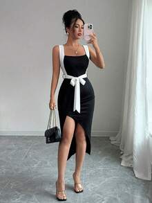 sdasdqwdq  Vestido casual minimalista con decoración de lazo atado y ajuste asimétrico para mujer, primavera/verano - Burdeos - Ver 7