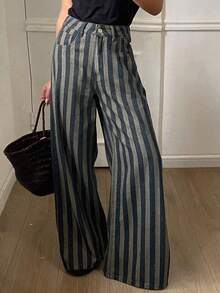 Pantalones vaqueros largos rectos de pierna ancha para mujer, estilo casual de negocios para oficina, holgados, con patchwork de bloques de c - Azul - Ver 10