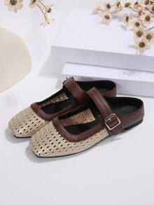 Women's Vintage Woven Mary Jane Closed-Toe Half-Slingback Brown & White Contrast Hollow Out Slip-On Sandals, Breathable Comfortable Flat Square Toe Backless Slides - Multicolor - View 6