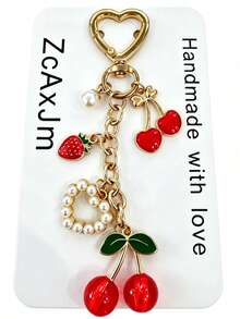 1pc Fruit Lobster Clasp Pendant Cherry Keychain Charm, Heart Pearl Hanging Ornament Holiday Gift - Multicolor - View 7