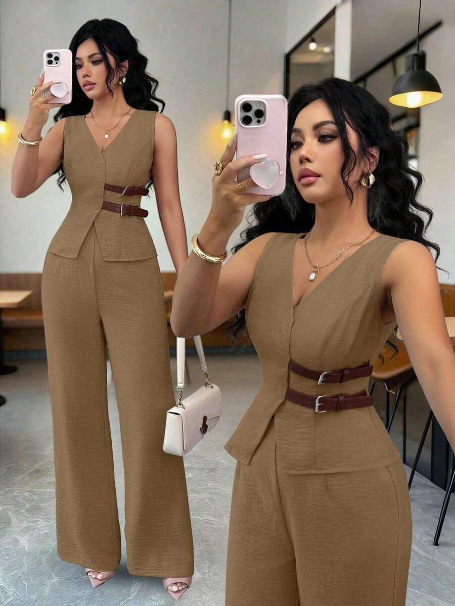 Conjunto de blazer sin mangas con decoración de cinturón y pantalones para mujer, estilo de negocios y viajes, adecuado para ocasiones de primavera/verano como atuendo de maestra - Caqui - Ver 1