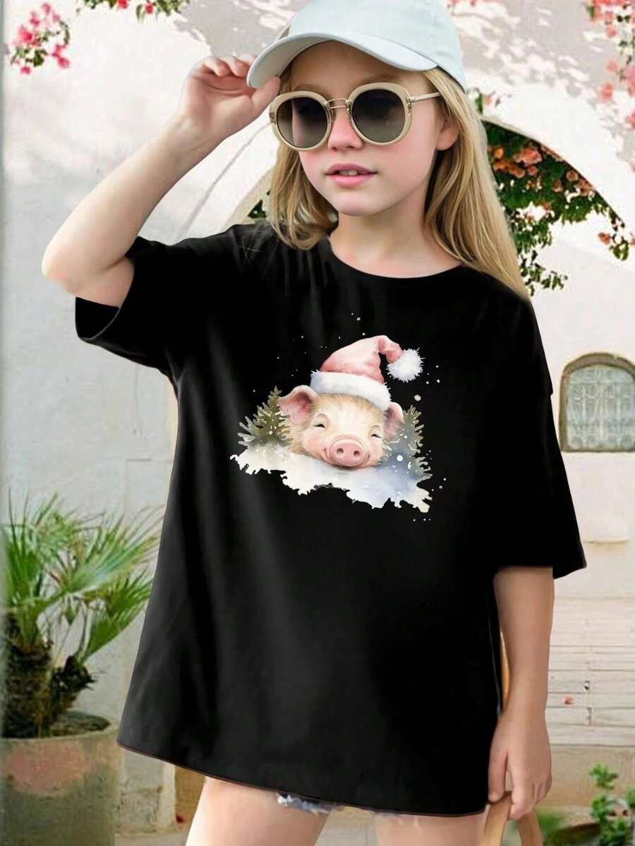 Playera Infantil Estampado Cerdito Navideño Manga Corta Cuello Redondo Ropa Estilo Dulce y Tierno Juvenil Niño Uso Diario Moda - Negro - Ver 1