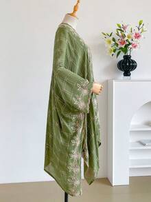1件優雅格紋花卉圖案波西米亞風刺繡開襟披肩女款和服/圍裙，春夏外穿海灘度假防曬刺繡開襟衫，時尚百搭奢華裝飾，適合日常搭配，送禮首選 - 綠色 - 查看 4