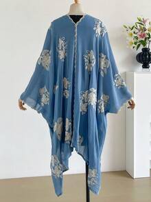 1件優雅花卉圖案波希米亞風刺繡開襟披肩女款和服式圍裙，春夏外穿沙龍，海灘度假防曬抗UV刺繡開襟衫，時尚百搭奢華裝飾，適合日常搭配，禮物首選 - 藍色 - 查看 4
