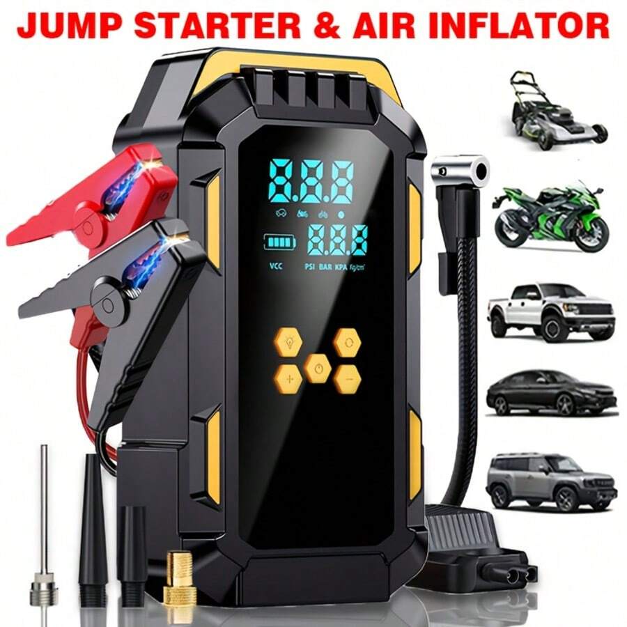汽車緊急啟動充氣機，便攜式 150PSI 數位充氣泵，12V 適用 5.0L 汽油/3.0L 引擎，附 12V 超強鋰電池啟動功能，智能電夾、LCD 螢幕與 LED 燈