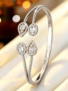 1pc Women's Fashion Luxury Water Drop Open Cuff Bracelet, Designer High-End Versatile Elegant Zirconia Inlaid Bangle, Commute & Party Elegant Accessory - Bracelet - View 2