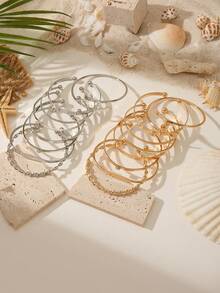 8pcs Minimalist Gold Women's Open Bangle Bracelet Set, Vintage Stackable Twisted Rope Engraved Rhinestone Bracelets, Everyday Layering Jewelry Gift - 8pcs/set - View 5