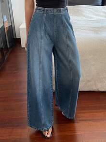 Jeans casuales de pierna recta con diseño de división de línea de cintura regular para mujer - Azul lavado medio - Ver 8