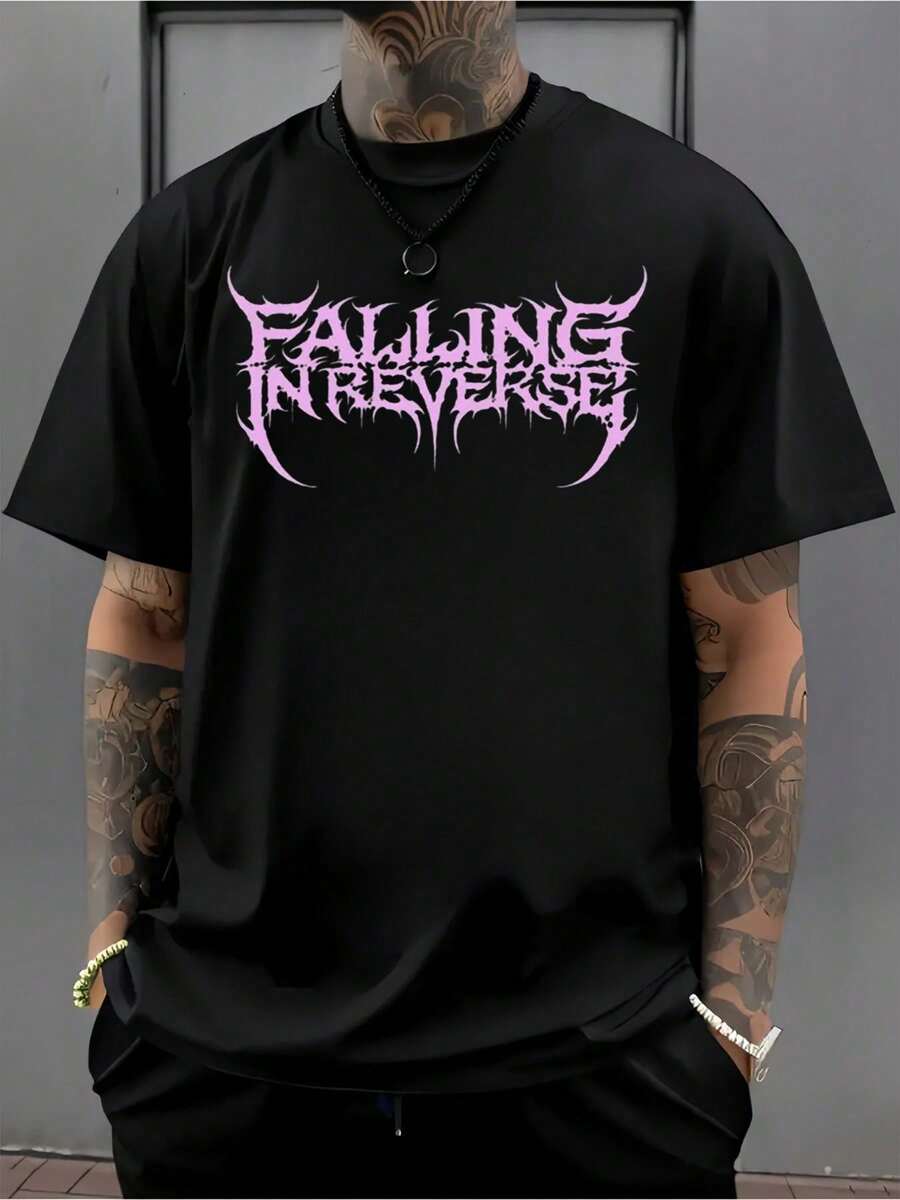 Camiseta negra con la inscripción <<Falling In Reverse>>, cuello redondo para hombre, 220 g/m², de verano, de puro algodón, manga corta (1 pieza) - estilo1 - Ver 1