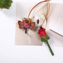 1pc Back To School Daily Handmade Carved PU Leather Bag Charm, Red Rose & Dragonfly Long Rope Backpack Pendant - Multicolor - View 3
