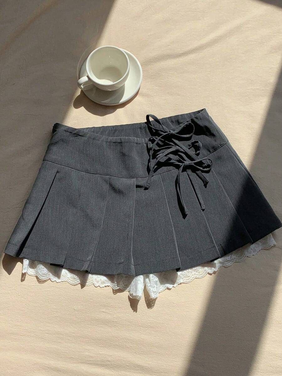 Falda corta casual plisada con lazo lateral para mujer - Gris - Ver 1