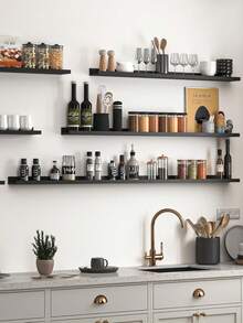 1pc White Wall-Mounted Floating Shelf For Kitchen, No-Drill Installation, Dedicated Storage For Kitchen Seasoning Jars / Dry Food Sealed Containers / Coffee Utensils! Nail-Free, No-Trace, For Tile Walls, Easy And Quick Installation, Thickened And Widened Board With Strong Load-Bearing Capacity, Moisture-Proof And Oil-Resistant, Easily Organize Oil, Salt, Sauce, Vinegar Bottles, Dry Food Jars, Kitchen Tools, Say Goodbye To Cluttered Countertops - View 6