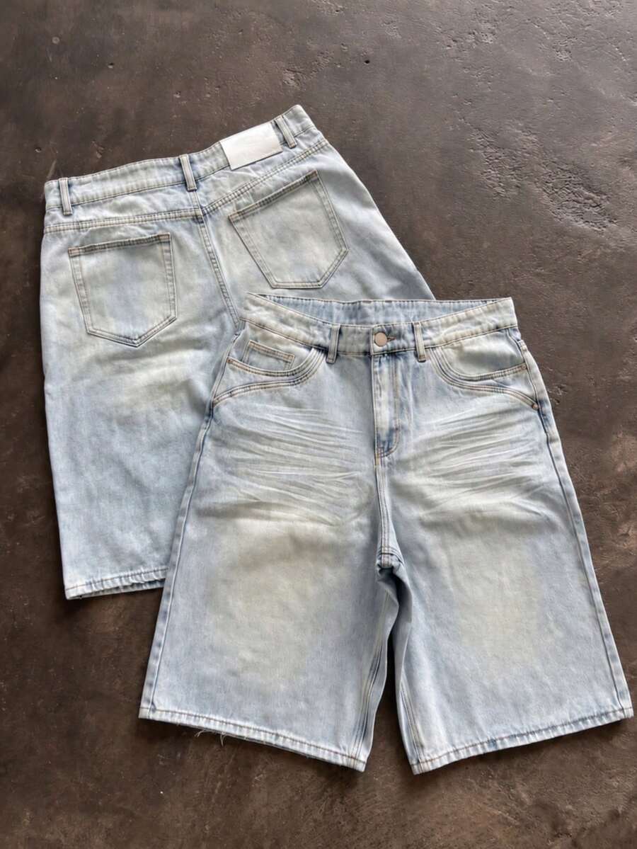 男士淺色水洗寬鬆大腿寬牛仔短褲 Jorts,復古膝長街頭風牛仔短褲,適合夏季 - 淺藍色 - 查看 1