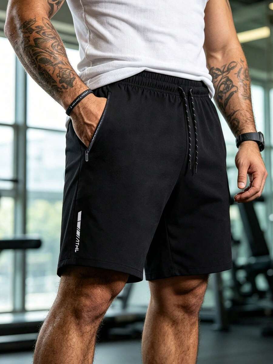 Plus Size Men's Summer Outdoor Sports Shorts, Elastic Waist Drawstring Pocket Zipper Design CasualBermuda Shorts - Black - View 1