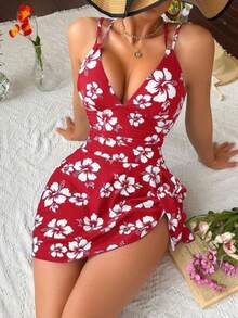 guangzhougaolangshangmao Swim Lushoire Traje de baño de una pieza con estampado floral para mujer para vacaciones de verano en la playa - Rojo - Ver 1