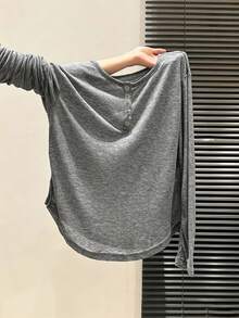 Comfortable Women's Long Sleeve Henley Shirt, Grey Polyester High Elasticity T-Shirt, Casual Regular Fit, Suitable For Daily Wear - Grey - View 4