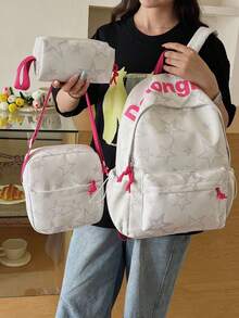 Set de 3 mochilas con estampado de lazo de nailon, mochila plegable de gran capacidad conúltiples bolsillos y cremallera impermeable, adecuada para adolescentes, estudiantes de secundaria - Beis 4 - Ver 11