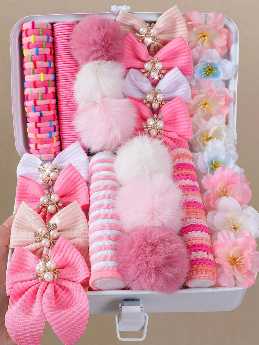 149pcs Girls Multi-Color Swallowtail Bow Pearl Flower Hair Clips Plush Ball High Elasticity Non-Damaging Hair Ties Hair Bands Simple Versatile Hair Clips Hair Accessories For Daily Use - Multicolor - View 1