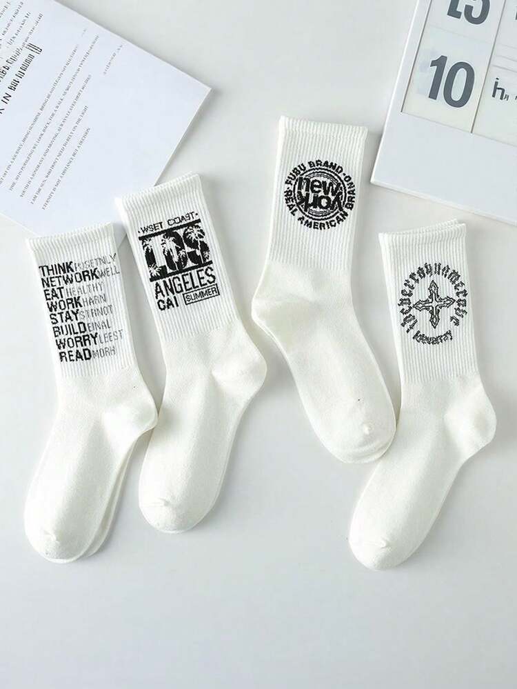 1/5/10/15 Pairs Unisex Personalized Letter Pattern Mid-Calf Socks, Fashion Street Sports Style, Suitable For Daily Wear, All-Season White Socks - Multicolor - View 3