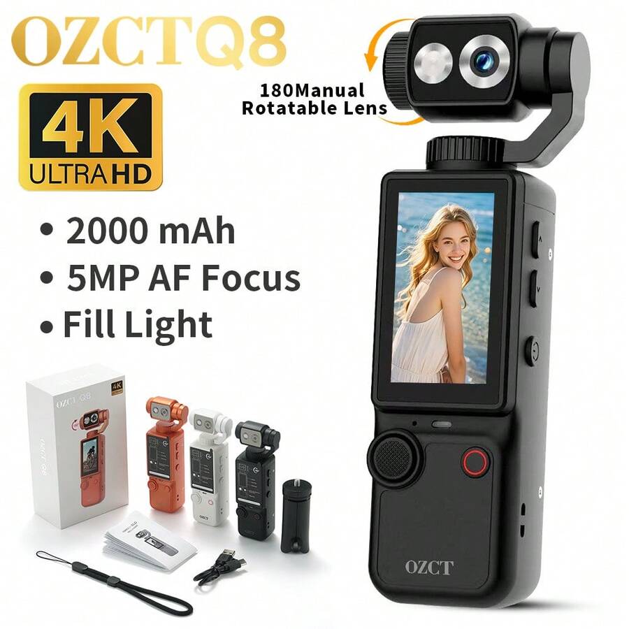 Pocket HD 4K 手持運動攝影機，180° 手動旋轉鏡頭，內建補光燈，自動對焦，2000mAh 長效電池，5MP 像素，適合初學者與青少年的輕巧相機，附 32GB 記憶卡 + 三腳架 + 手持掛繩 + 數據線，適用 Vlog 拍攝、旅行、騎行、滑雪、錄影，輕巧便攜耐用（無人臉追蹤拍攝）