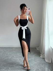 sdasdqwdq  Vestido casual minimalista con decoración de lazo atado y ajuste asimétrico para mujer, primavera/verano - Burdeos - Ver 2