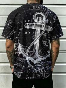 Men's Plus Size Anchor Nautical Map Round Neck Short Sleeve T-Shirt - Black - View 3