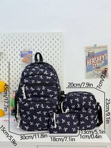 New Semester Student Backpack; Bow Print Backpack, Suitable For Primary And Secondary School Students - Navy Blue - View 8
