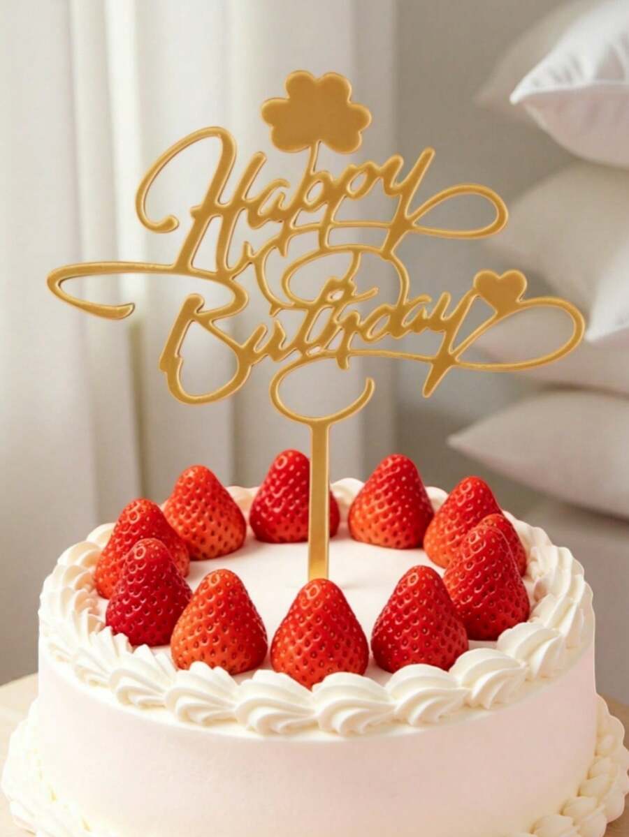3pcs Gold Mirror Acrylic Happy Birthday Cake Topper With Clover & Heart Swirl Detail, Smooth Flowing Script Font With Stick, Sturdy Mirror PMMA For All Ages Birthday Cake Decoration - A - View 1