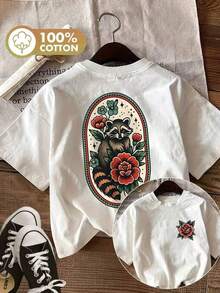 Women's LingK Cotton T-Shirt, Double-Sided Raccoon And Flowers, Vintage Crew Neck For Spring And Summer. - 白色 - 查看 1