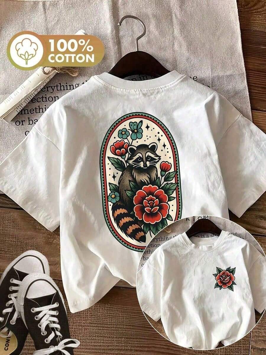 Women's LingK Cotton T-Shirt, Double-Sided Raccoon And Flowers, Vintage Crew Neck For Spring And Summer. - 白色 - 查看 1