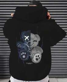Sudadera de manga larga con capucha y cordón para hombres de poliéster con estampado de toque hidro  - Sudadera acolchada para otoño/invierno - Negro - Ver 1